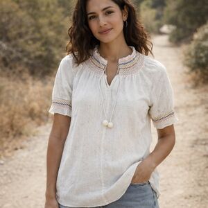 Madewell Boho Embroidered Peasant Dress Smocked Yoke Tassel Tie XS